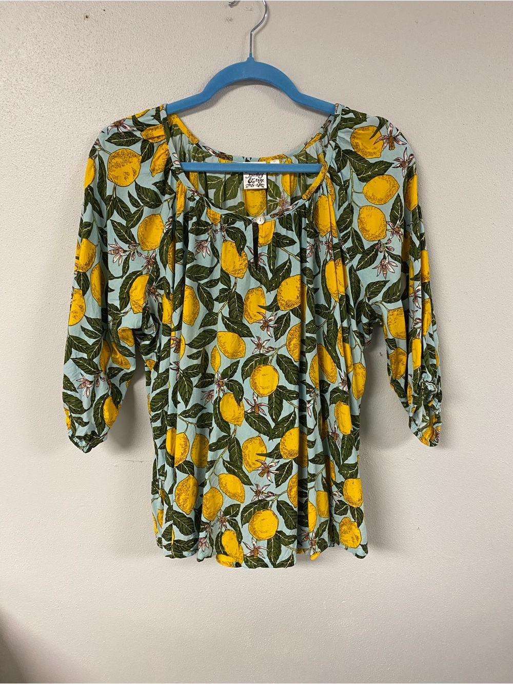 Parsley & Sage Lemon Print Peasant Top - Yellow/Green/Blue. Size 2X